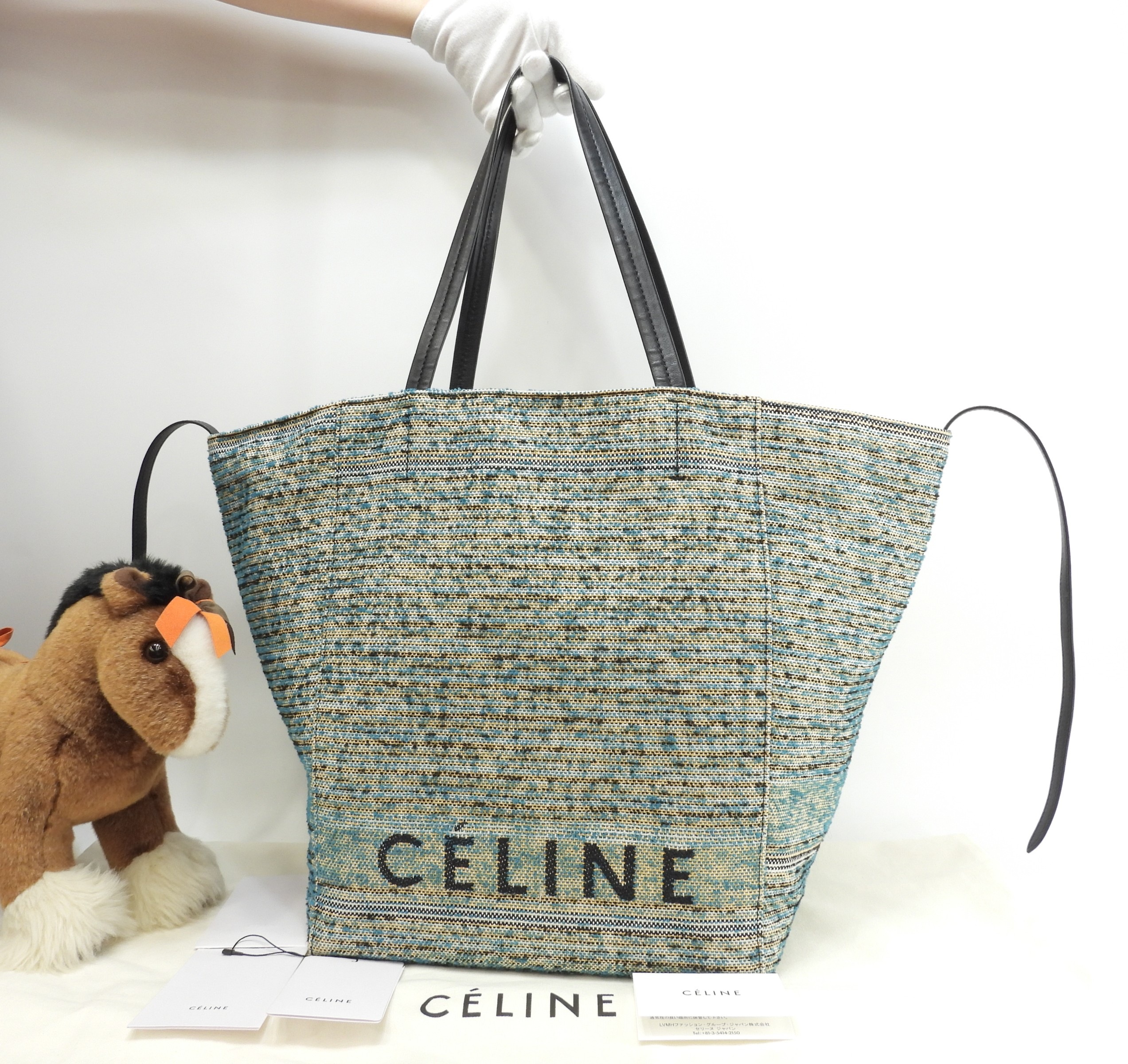 カバファントムミディアム ツイード 青黄白黒 トートバッグ ショッピングバッグ 美品@W-CU-2197