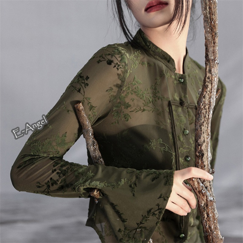 チャイナ風トップス シャツ グリーン レディース 長袖 ラパ袖 透け感 トップス フロッキー チュール ストレッチ スタンドカラー 改良唐装 着痩せ 紫外線対策