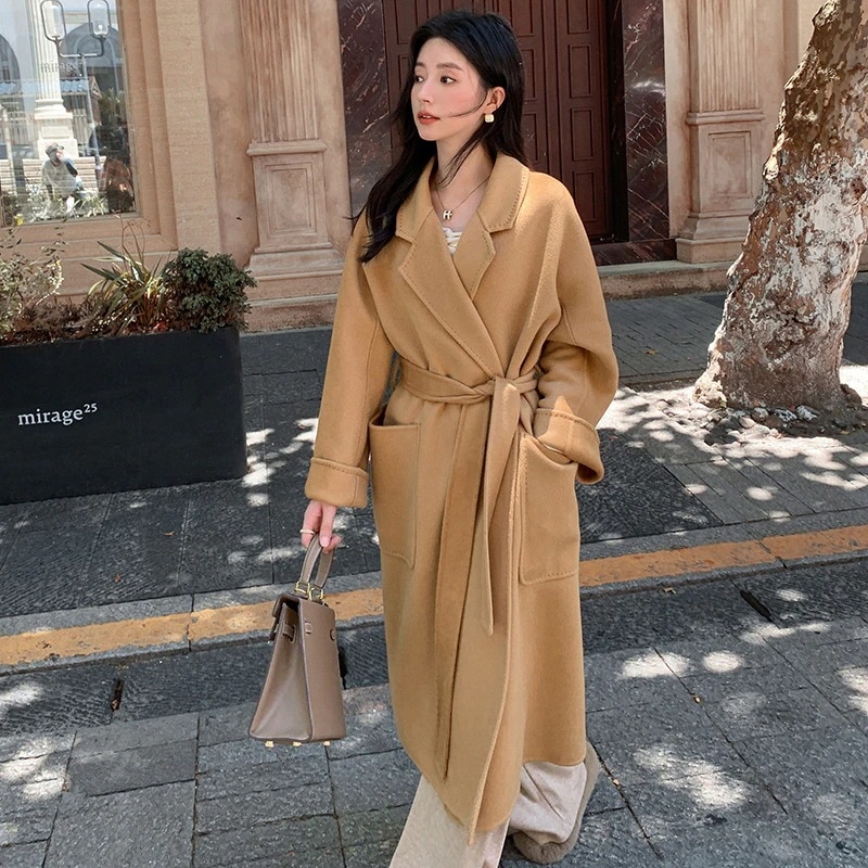 カシミアバスローブモデル両面ツイードコートスーツ襟ウールコートロングルーズファッションツイードジャケット女性