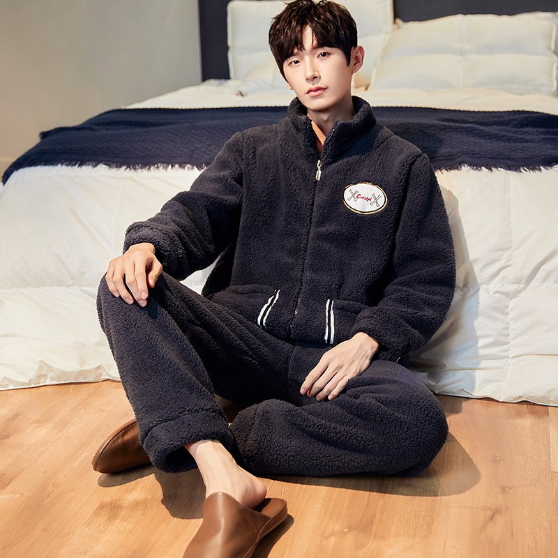 パジャマ メンズ 冬 もこもこ 暖かい 上下セット ナイトウェア 厚手 ルームウェア 長袖 大きいサイズ男性パジャマ秋冬フランネル韓国版ファッションベルベット青少年秋冬モデルカーディガン家庭服