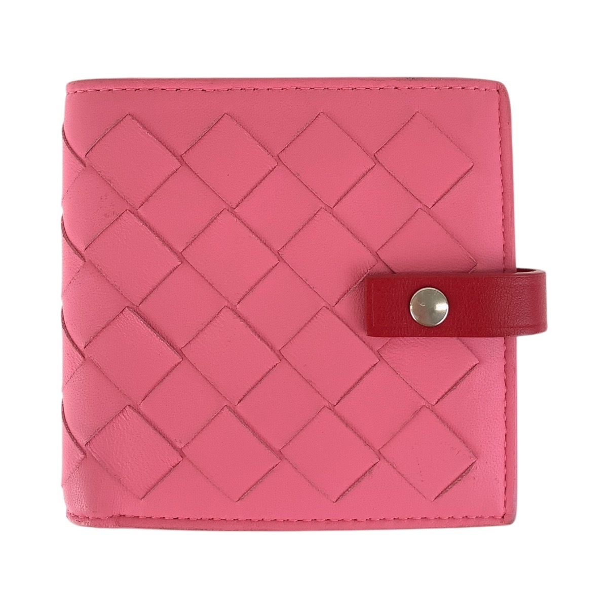 美品 イントレチャート ピンク レッド シルバー金具 レザー 折財布 コンパクトウォレット レディース 504839