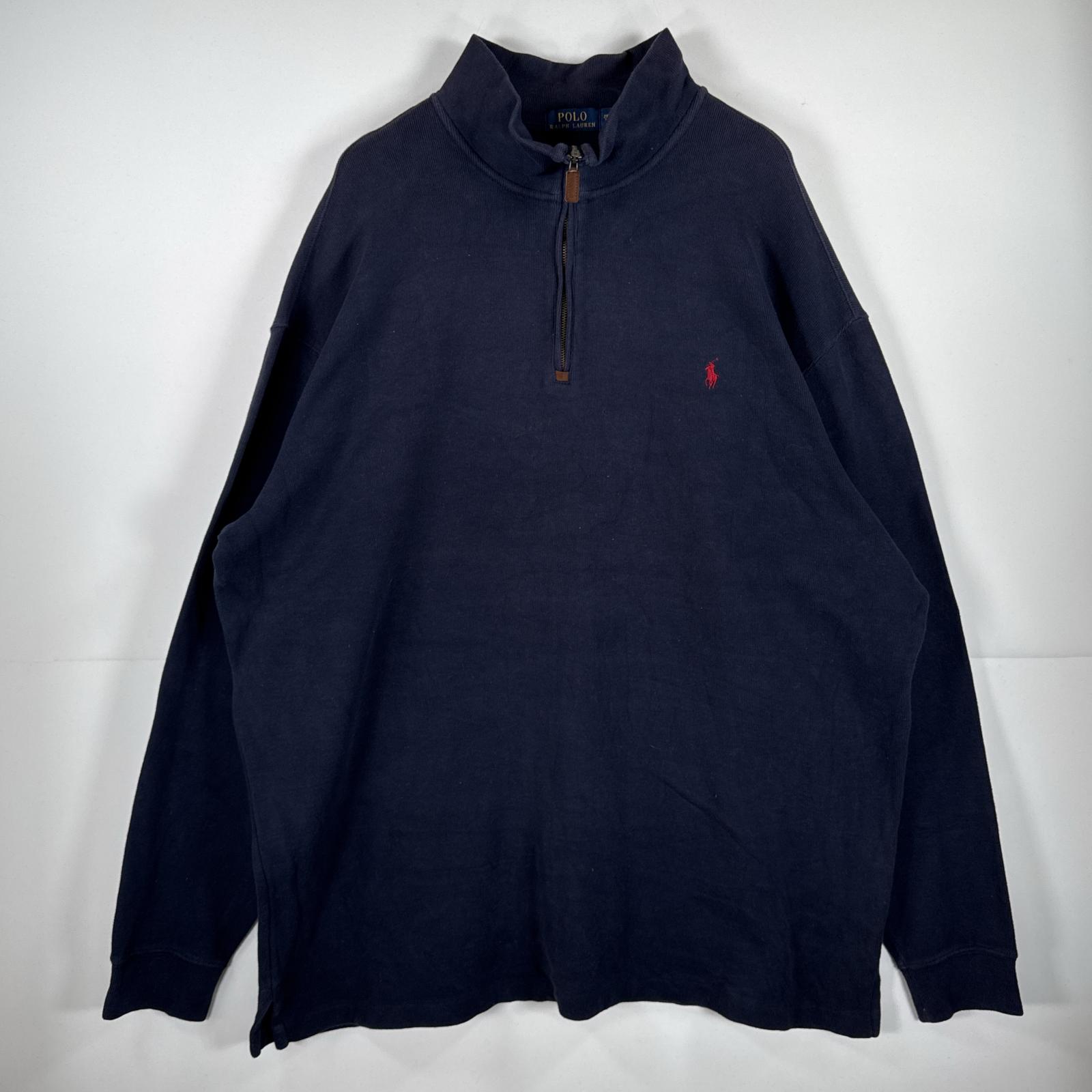 古着 長袖 ニット ハーフジップ トレーナー セーター 大きいサイズ ワンポイント 2XLT ネイビー 無地 メンズ