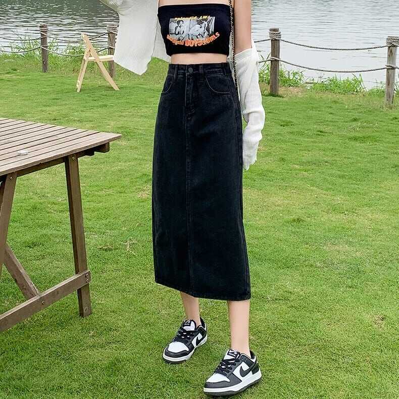 スカート ボトムス ペンシルスカート デニム ブルー ミモレ丈 ストレート カラーデニム バックスリット ワントーン 大人女子 カジュアル セクシー HIPHOP スポーティー お洒落 おしゃれ lbロングパンツ