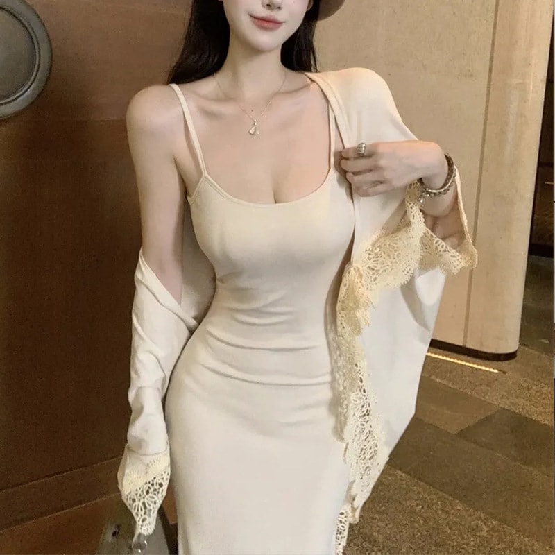 Pure Desire レディース 春秋 レーストリム ショールジャケットスリムフィット スパゲッティストラップ フィッシュテール ボディコンドレス ツーピースセット