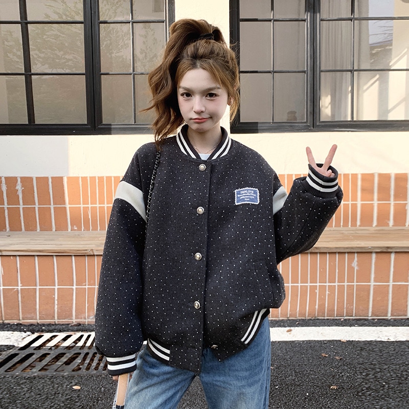 カレッジスタイルの加齢水玉装飾ラベリングジャケット2025新しいアメリカンカジュアル薄手の野球のスーツ