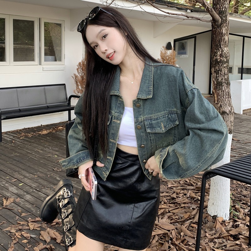 ノスタルジアレトロカラーデニムジャケット女性2023秋新作ポロ襟バックタイショートジャケットトップ