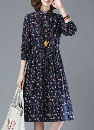 ワンピース コットン ひざ丈 長袖 花柄 Aライン レトロ ガーリー 秋 お出かけ