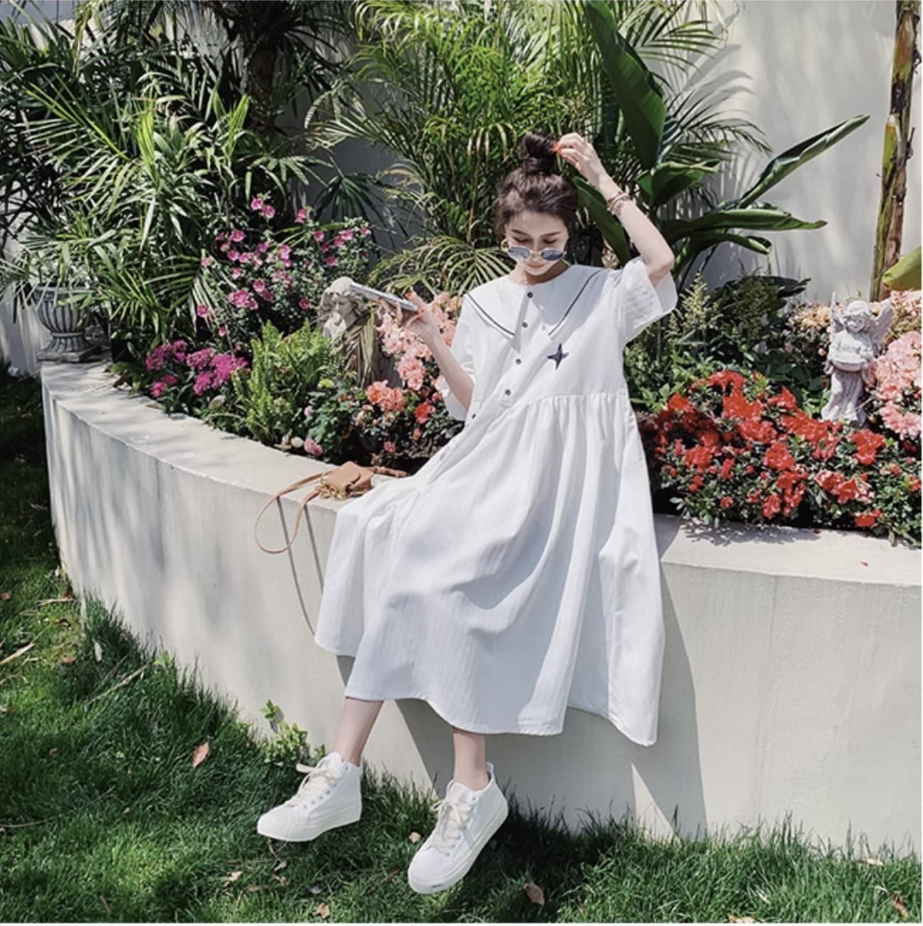 レディース ワンピース シャツワンピース フレアワンピース ロジスワンピ 個性的 夏服 ミモレ 袖あり 五分袖 ボリューム袖 二の腕カバー 襟付き 大きな襟 デカ襟 ビッグカラー セーラーカ 5,863円