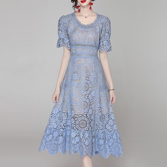 レトロ風 ワンピース 半袖 秋 春夏 きれいめ Aライン フレアワンピース 膝下 ミモレ丈 ミディアム丈 ミドル丈 五分袖 パフスリーブ クルーネック 襟なし レース フリル ウエストマーク 透け感