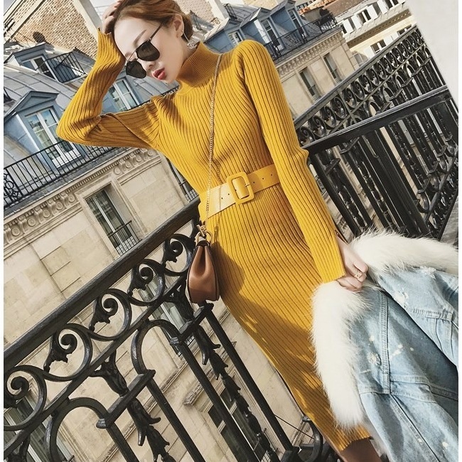 3色 レトロ風 ワンピース 長袖 春 秋 冬 きれいめ カジュアル かわいい ロング フォーマル ニット ワンピ ワンピドレス ペンシルスカート コクーンスカート タイトスカート ニットスカート 膝丈