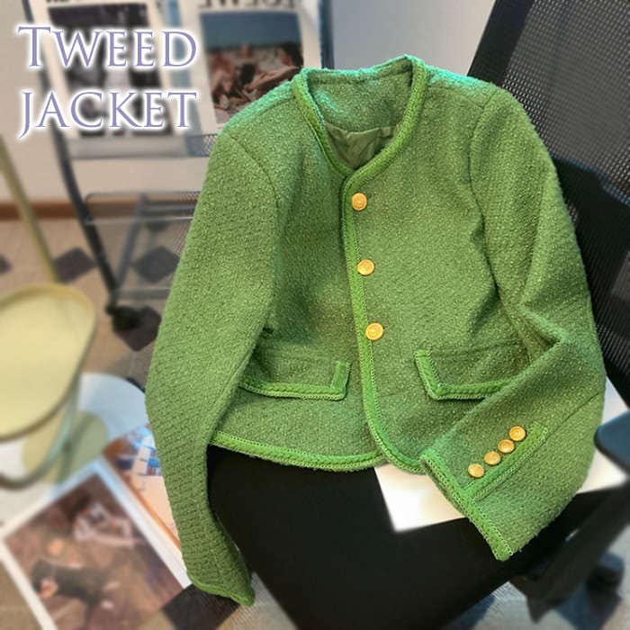 ジャケット ツイード レディース アウター ノーカラージャケット ツイードジャケット ノーカラー スーツ セレモニースーツ フォーマルスーツ ママスーツ 長袖 羽織 きれいめ ゴールドボタン 大きいサ 5,513円