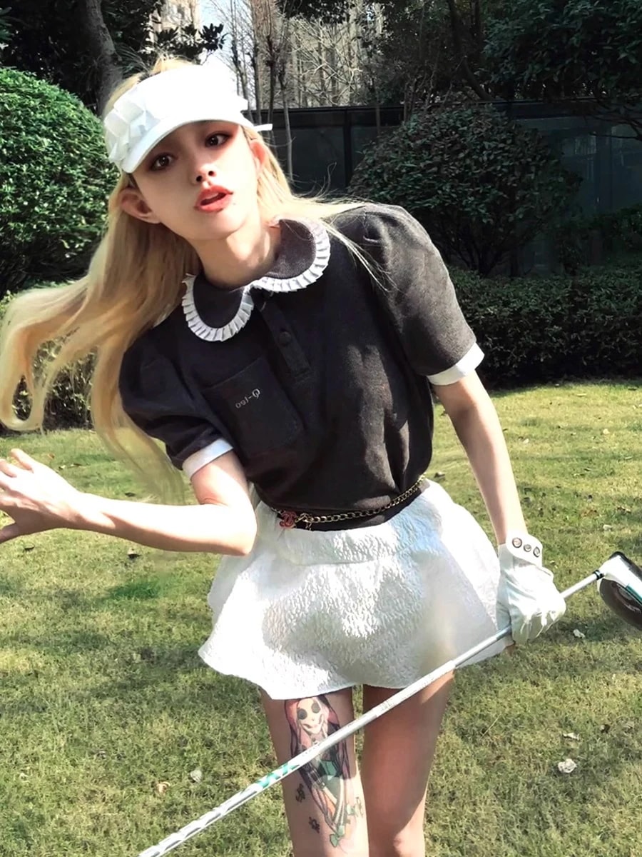 ゴルフウェア レディース スポーツウェア ケーキ型 スカート フリル 半袖 POLO ポロシャツ Tシャツ 上下セット 白 グレー 女性 テニスウェア 速乾 通気性 春 夏 韓国風 おしゃれ