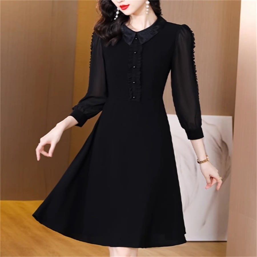 ドレス ロングドレス ワンピース dress 衣装 パーティドレス ロング ロング丈 膝丈 ひざ丈 袖あり 長袖 クルーネック Aライン フレア 透け感 シースルー エレガント 可愛い