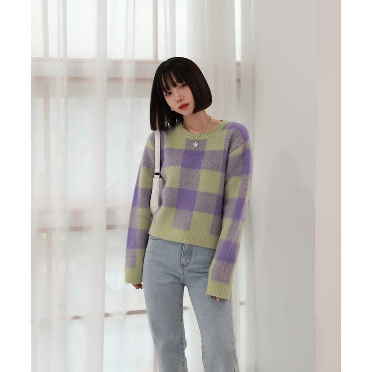 チェックラウンド長袖ニット