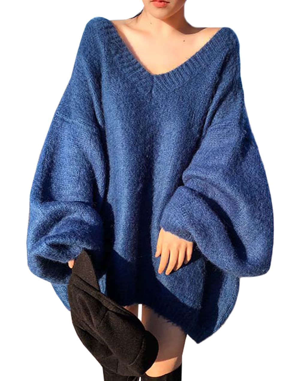 モヘアニット レディース Vネックセーター ダボっと オーバーサイズ 着痩せ プルオーバーセーター 大きいサイズ ゆる 長袖 ニットセーター かわいい ボリュームスリーブ 冬 大きいサイズセーター