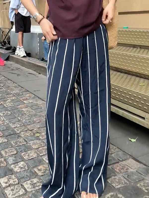レディース ファッション オシャレ カワイイ シンプル 人カワイイ きいサイズ アメリカン ハイウエスト ストライプ ストレート ワイド レッグ カジュアル パンツ フロア レングス