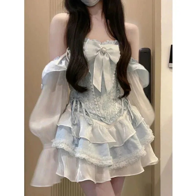 バースデー コスチューム プリンセス風パフワンピース 大人気アメリカンハロウィンロリータ プレミアム ワンピース コスプレ ロリータ フレンチワンショルダー長袖ドレス