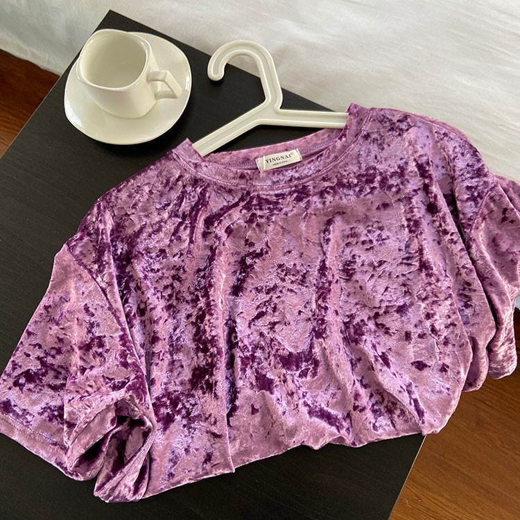 トップス カットソー 半袖 ラウンドネック プルオーバー ミディアム丈 ベルベット 光沢 かわいい 大人可愛い きれいめ シンプル 上品 おしゃれ かっこいい カジュアル レトロ こなれ感 個性的