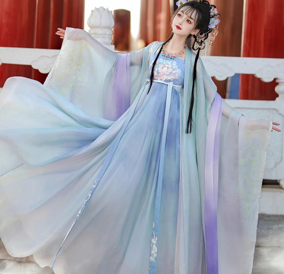 中華服 漢服 唐装 中華ドレス チャイナドレス2色 刺繍　プリント　セット 中華風コスプレ衣装 チャイナ服 華流舞台ステージ衣装 中国古代宮廷風コスチューム 天女 妖精 変装 レディース イベン