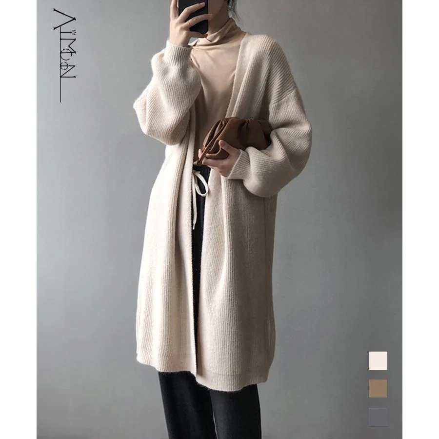 リブニット ロングカーディガン 韓国風