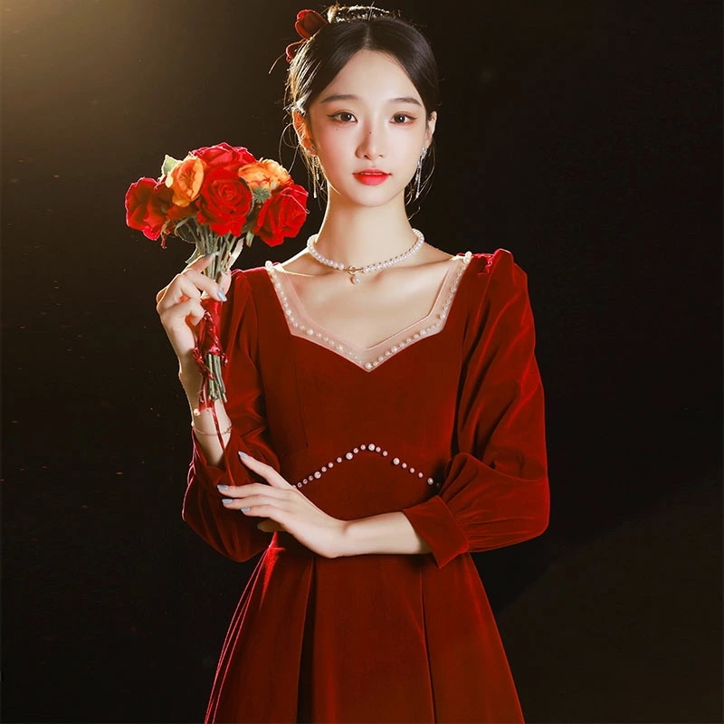 カラードレス ファスナー ワインレッド ベルベット 長袖 パーティードレス フォーマルドレス ロングドレス 結婚式 二次会 発表会 ウェディングドレス ブライダル ゲストドレス 秋冬 挙式 ウエディン 10,686円