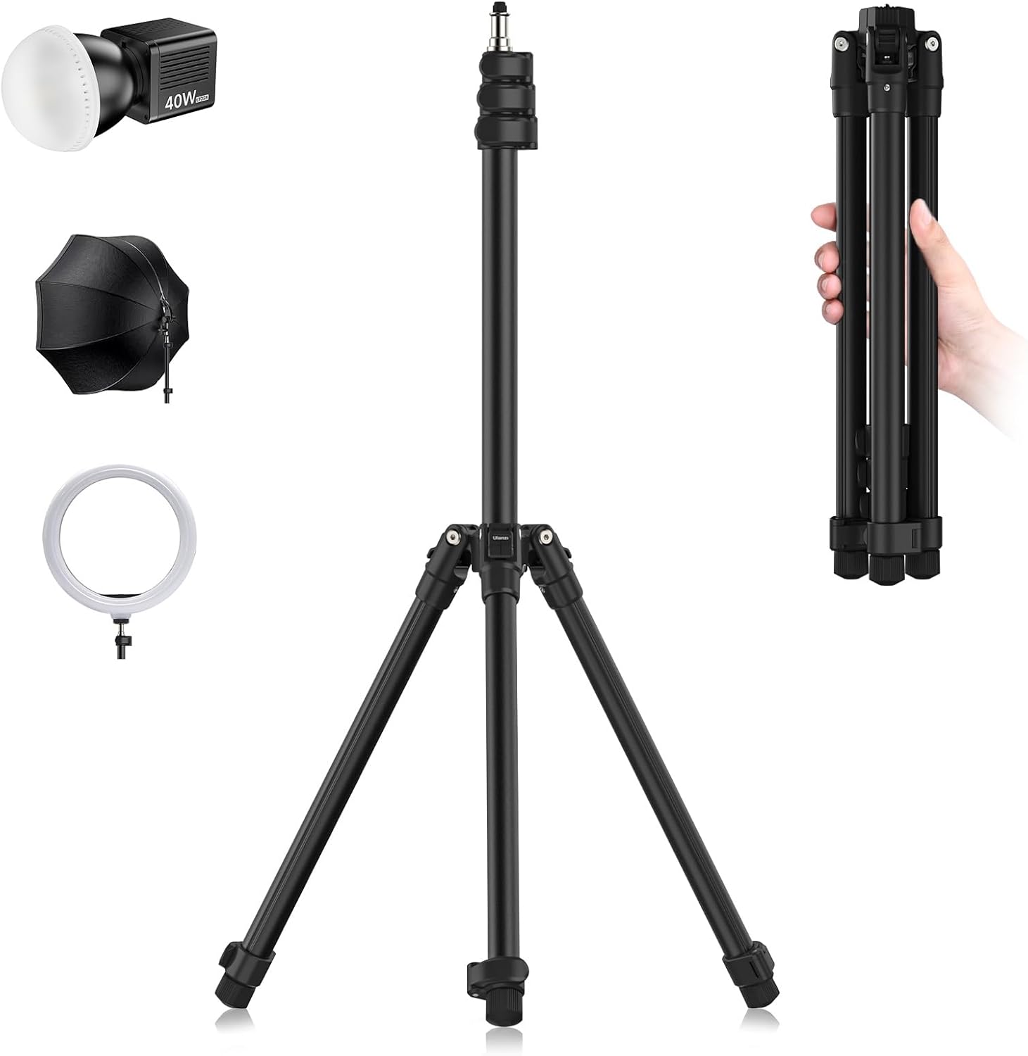アルミニウム製軽量スタンド 逆向き折り畳み式 5段伸縮45-190cm 1/4ネジ搭載 撮影用ライト対応