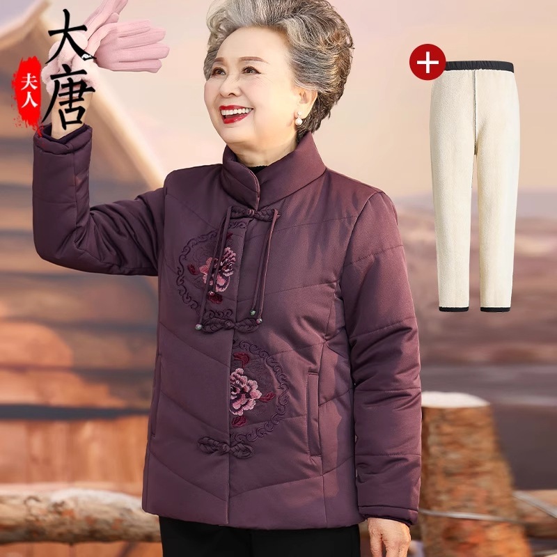 中高年女性向け冬用綿入りジャケットおばあちゃん用綿入りコートお母さん用秋冬アウター高齢者向け中綿入りコート