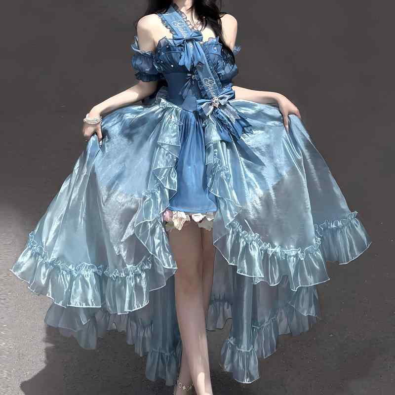 明日まで値下げワンピース レディース ロリータ オリジナル 煌めく星空 プリンセス風 かわいい パフスリーブ オフショルダー アシンメトリースカート 袖飾り リボン セットワンピース レディース ロリ