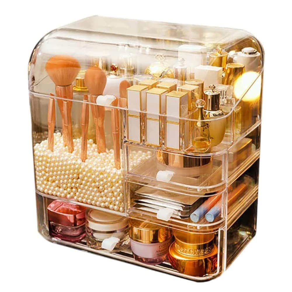 化粧ポーチメイクボックス 化粧品収納ボックス コスメ収納 ポーチ クリアケース　収納ボックス 3段式化粧ポーチ スタンド引き出し付き 持ち運び簡単 メイクブラシ ホルダー 化粧筆 ペン立て 収納ケース