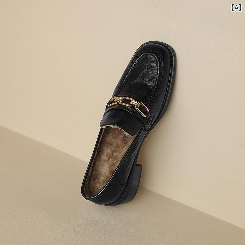 ローファー レディース オフィス カレッジ 通勤 通学 仕事 英国 革 裏起毛 女性 冬 シープスキン 厚手 ミッド ヒール 靴 小さい 革靴