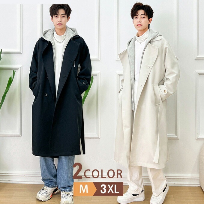 トレンチコートダブル襟 コート メンズ ロング スプリングコート 春 秋 大きいサイズ アウター トレンチ カジュアル エレガント レイヤード風 男性 オーバーコート フード付き
