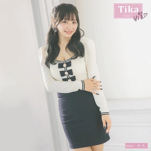 韓国 キャバ ドレス リボン パール フリル ミニ ワンピース タイト 長袖 ホワイト ブラック キャバ嬢 キャバクラミニワンピース セクシー 大人 袖あり 大きいサイズ スナック 韓国ドレス ラウン