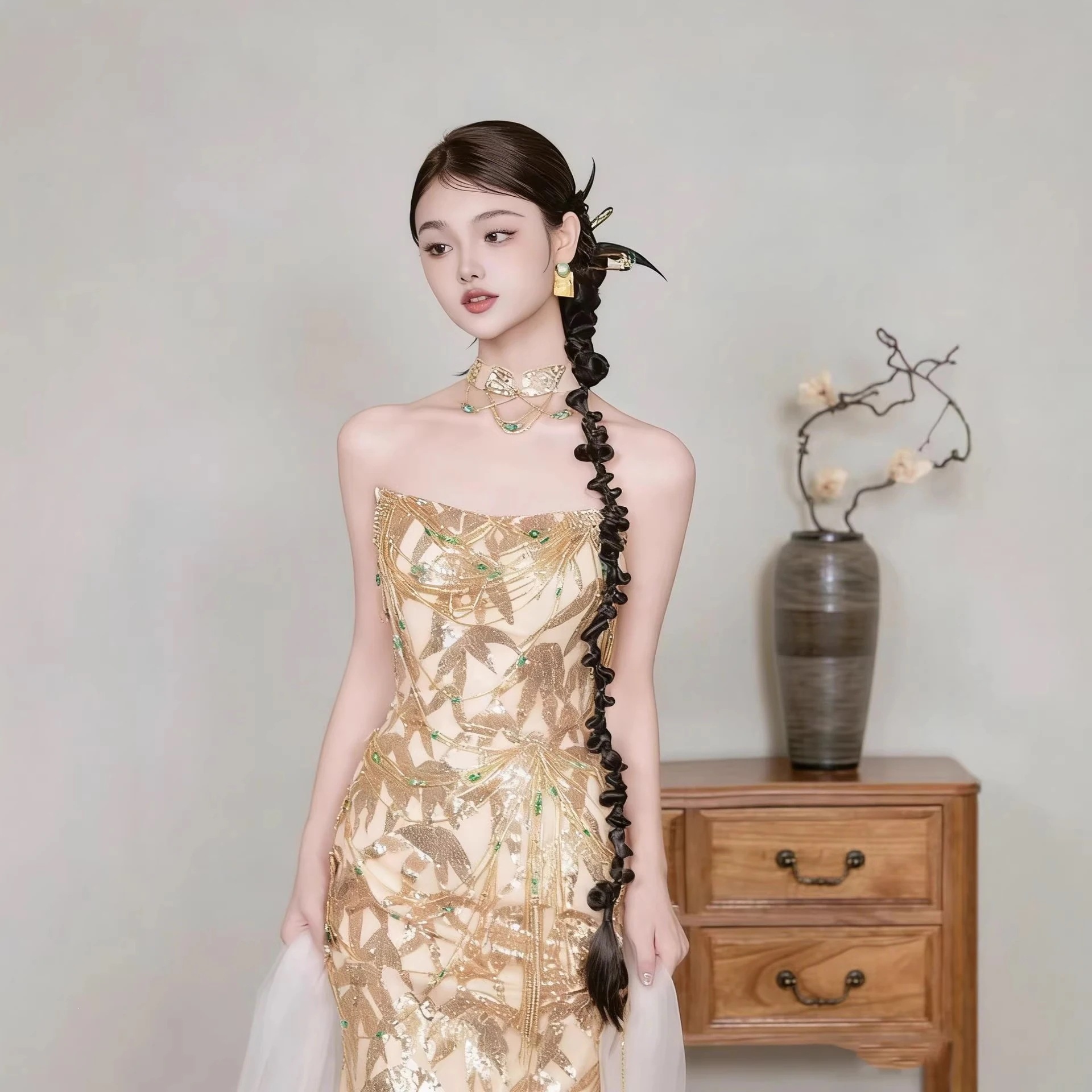 婚約 フォーマルドレス 高級感 チューブトップ ゴールド お色直し 新婦 絶品 成人式 バースデー 司会 フォーマルドレス