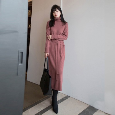 ワンピース ロングワンピース ニットワンピース ロング丈 長袖 タートルネック ウエストマーク ポケット ニット かわいい 大人可愛い きれいめ シンプル 上品 おしゃれ かっこいい レトロ ラフ