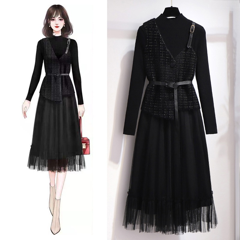 ドレス ワンピース パーティードレス 膝丈ドレス 舞台衣装 Aラインドレス ブラックドレス ワンピースドレス ダンス衣装 膝下 袖なし 袖あり ノースリーブ 長袖 タートルネック Aライン スリム