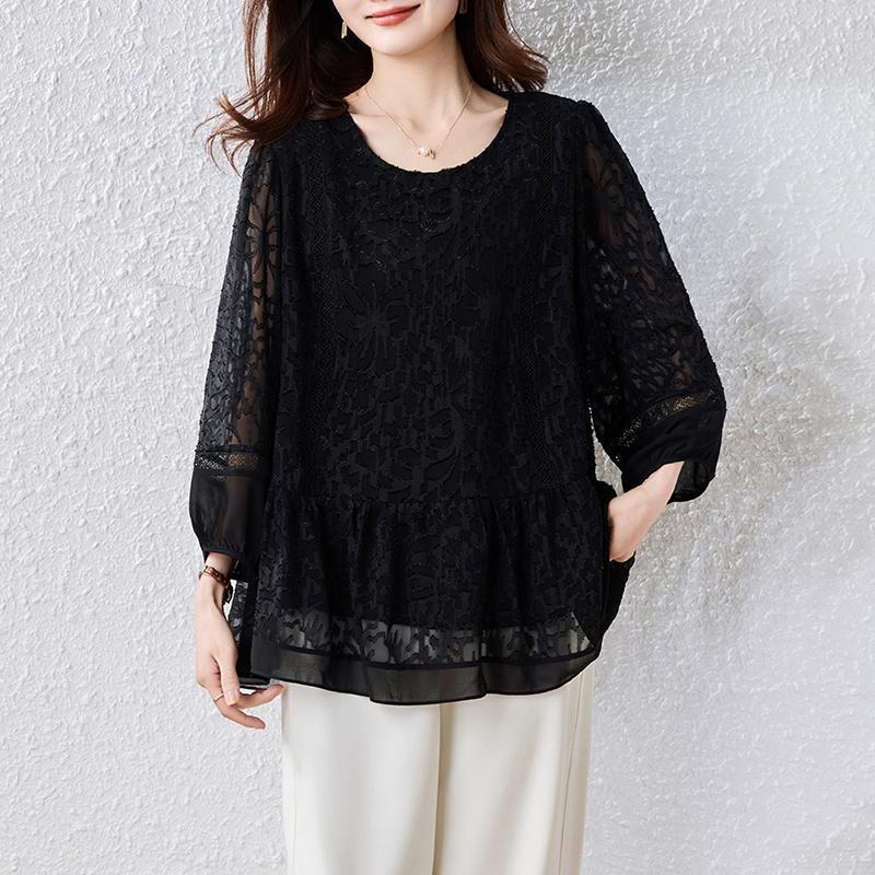 ブラウス レース レディース 春服 春夏 レースブラウス プルオーバー フォーマルシャツ着痩せ ブラック 黒 きれいめ40代50代 オフィスブラウス 大きいサイズ展開