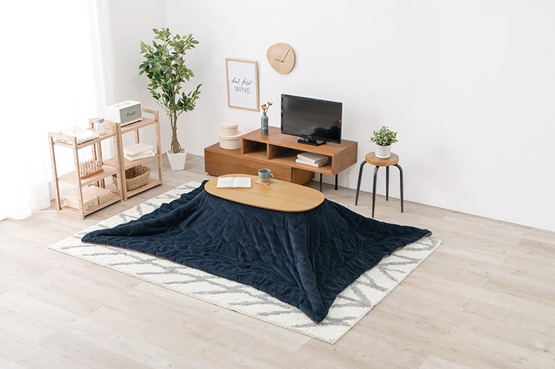 こたつセット こたつ うす掛布団 2点セット ナチュラル/ネイビー 90x50cm 木目調 楕円 省スペース 折りたたみテーブル リビングテーブル オールシーズン コタツ