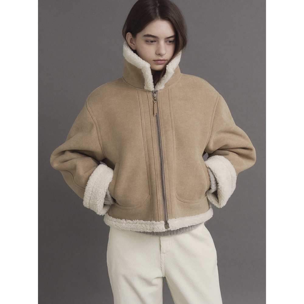 Tillber ショートシアリングジップアップマスタングベージュ