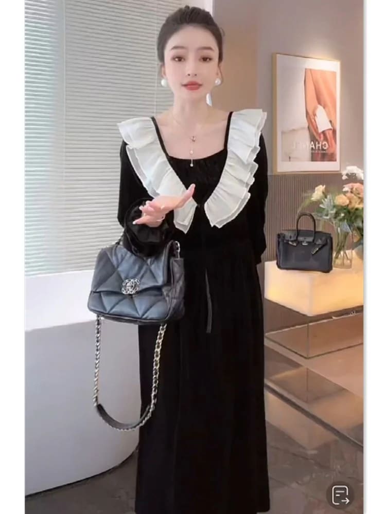 韓国デザインレトロVネックフリル着痩せワンピース
