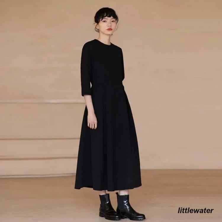 レディース ワンピース ロングワンピース 分袖 大人 フォーマル ブラック 膝下 喪服 ポケット付き 上品 クルーネック 大きいサイズ 着