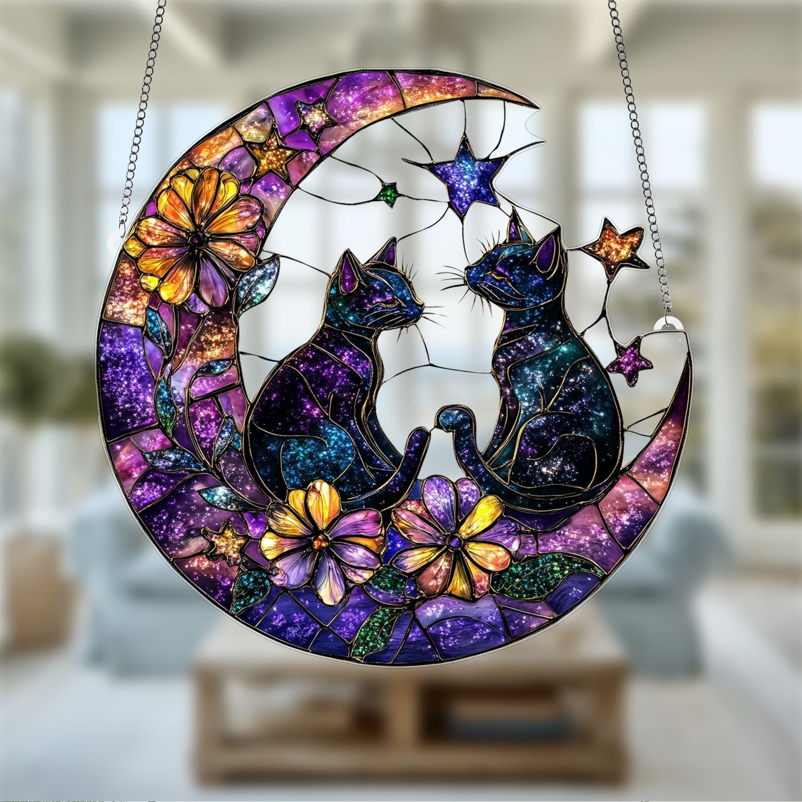 サンキャッチャー 猫 二匹の猫 月 星 花 タペストリー 壁掛け ステンドグラス 可愛い 華やか メルヘンチック オーロラty156