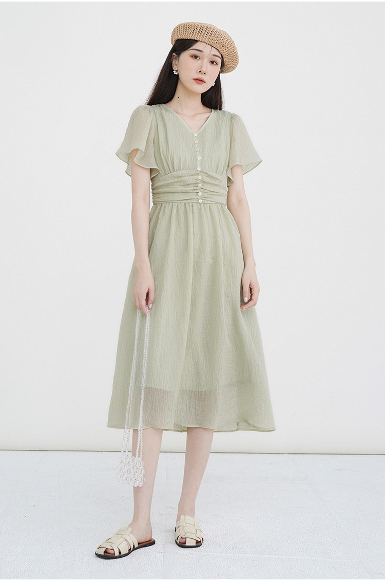 ハイウエストフライングスリーブドレス女性 夏 フランス 優しい Vネックミッドレングススカート ライトグリーン カンパニュラ XS S M L XL ワンピース ミモレ ミモレ丈 袖あり 半袖