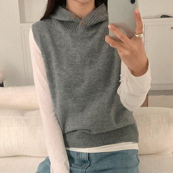 (KN)メルティングウールニットフードベスト 冬 女性 ウールニットティー