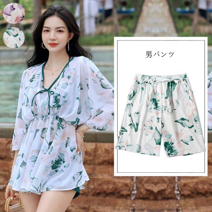 ビキニ 韓国風 4点セット サーフパンツ 水着 カップル水着 送料無料 女性 パッド付き ペア水着 ミズギ 大人 オシャレ 体型カバー タンキニ 小胸 みずぎ 水泳 美胸 レディース/メンズ お揃い