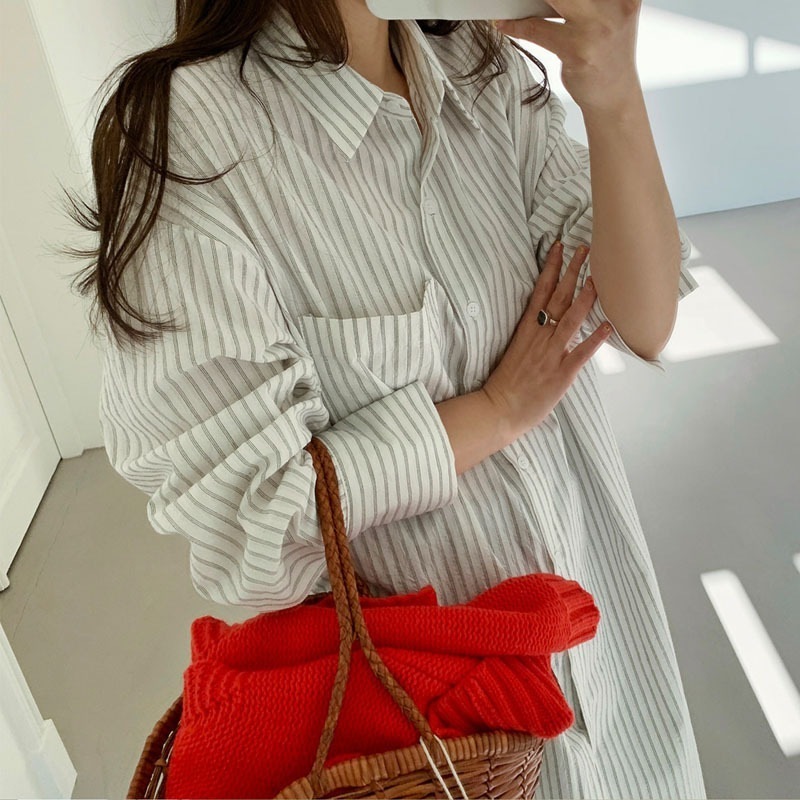 ストライプシャツ カジュアルシャツ ロング丈トップス 長袖トップス ロングシャツ トップス Tシャツ シャツ ブラウス 白シャツ ロング ロング丈 7分丈 ミディアム丈 袖あり 長袖 Vネック 襟付き