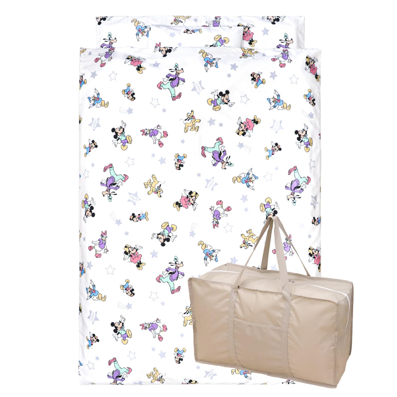 お昼寝布団セット 8点 洗える 綿100％ 撥水バッグ ミッキー＆フレンズ(ホワイト地) お名前ワッペン ネームタグ 保育園 幼稚園