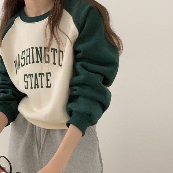 韓国ファッション ワシントン レタリング クロップ ナグラン ウール 起毛 マンツーマンTシャツ