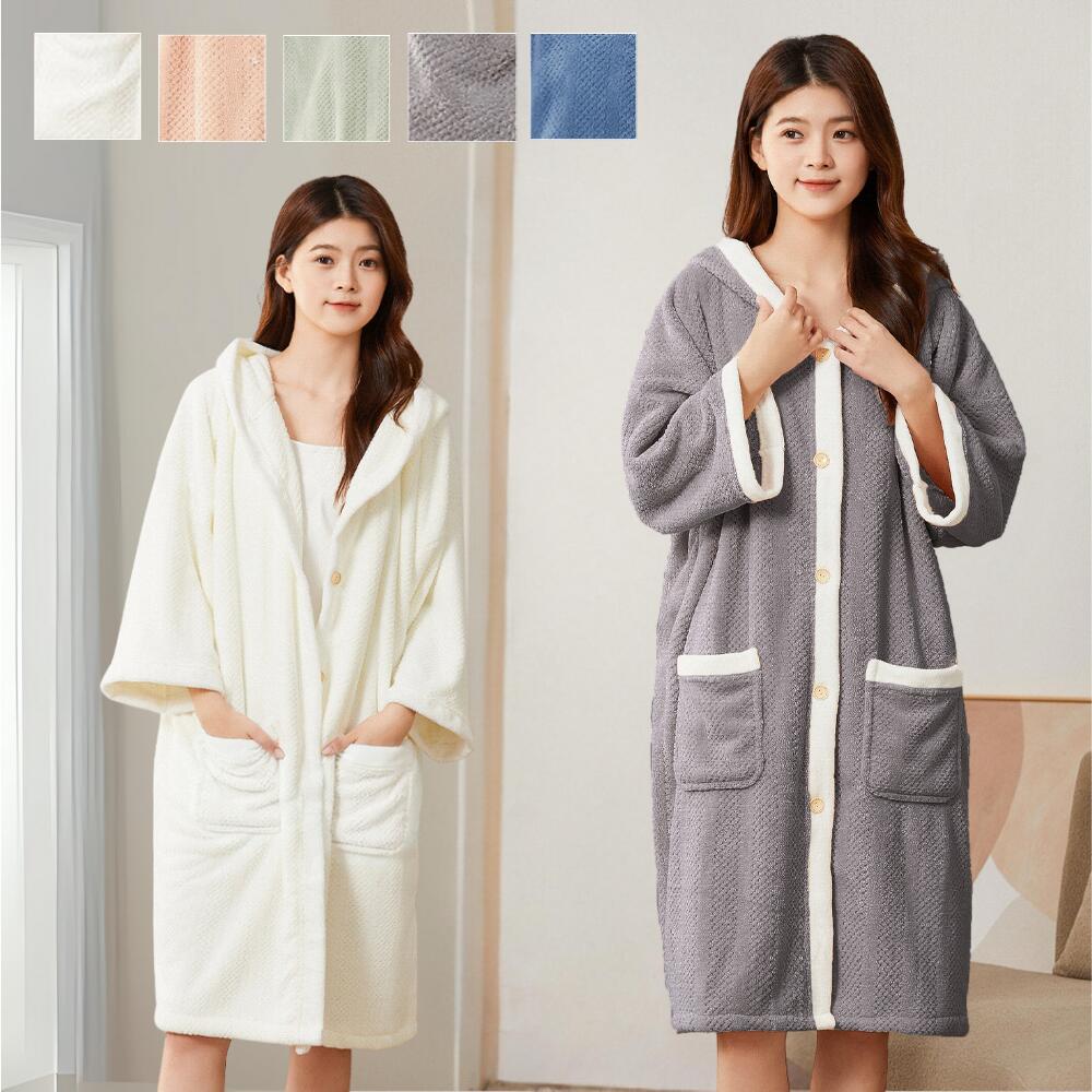 【2点購入で10％OFF】【急速出荷】バスローブ レディース ママ ワンオペ 育児 吸水 速乾 タオル地 お風呂上がり フード付き 冬 ガウン 乾きやすい ナイト 暖かい フリース 子育て 部屋着 ロ