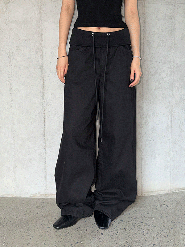 リブ 折り返し ワイドパンツ (ウエスト折り返し)