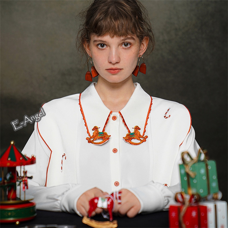 シャツ 白 ブラウス 長袖 レディース メリーゴーランド刺繍 切り替え きれいめ トップス オリジナル モダン 個性的 8,055円